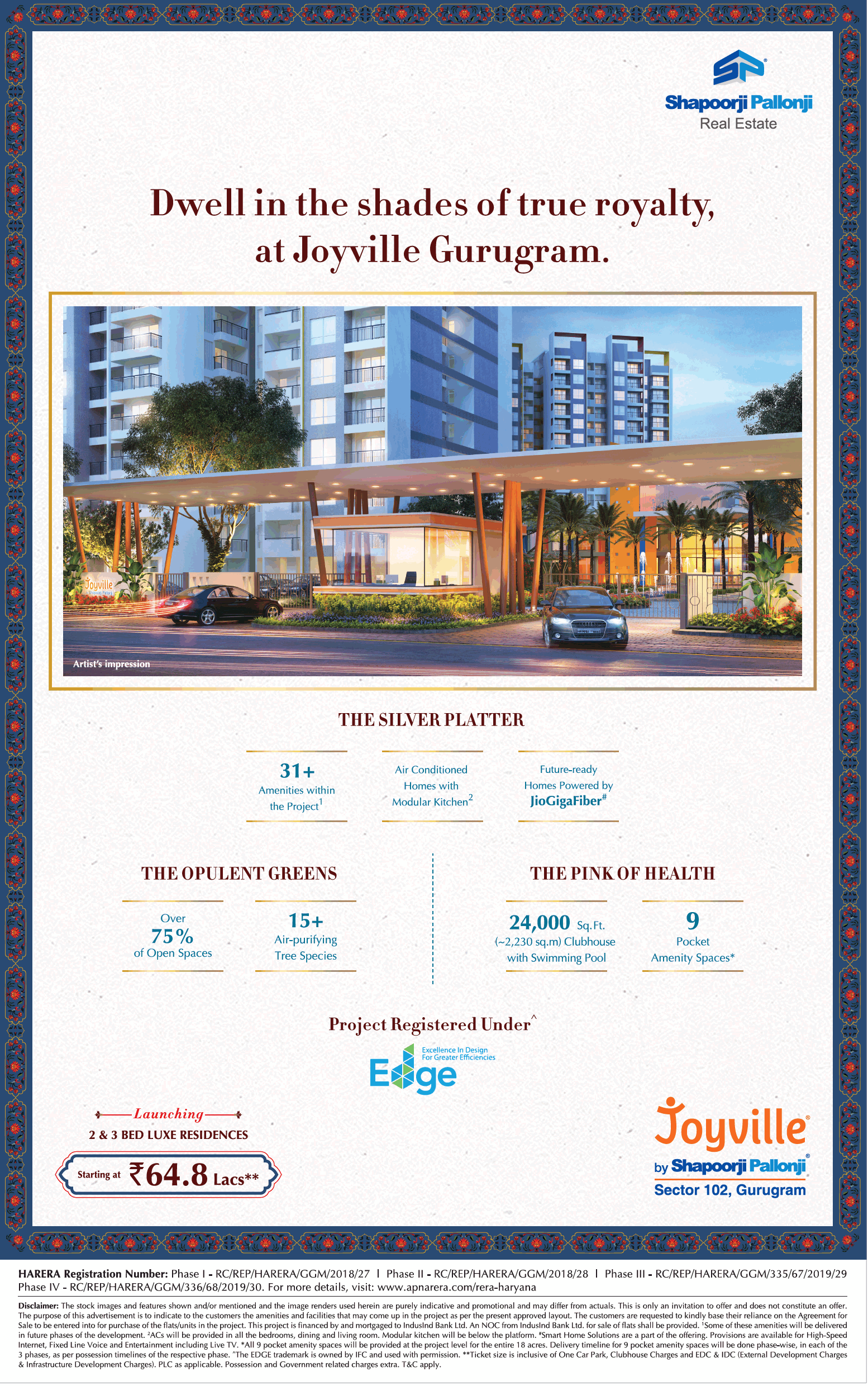 Shapoorji Pallonji Joyville Launching 2 and 3 bed luxe residences starting at Rs 64.8 Lac in Gurgaon